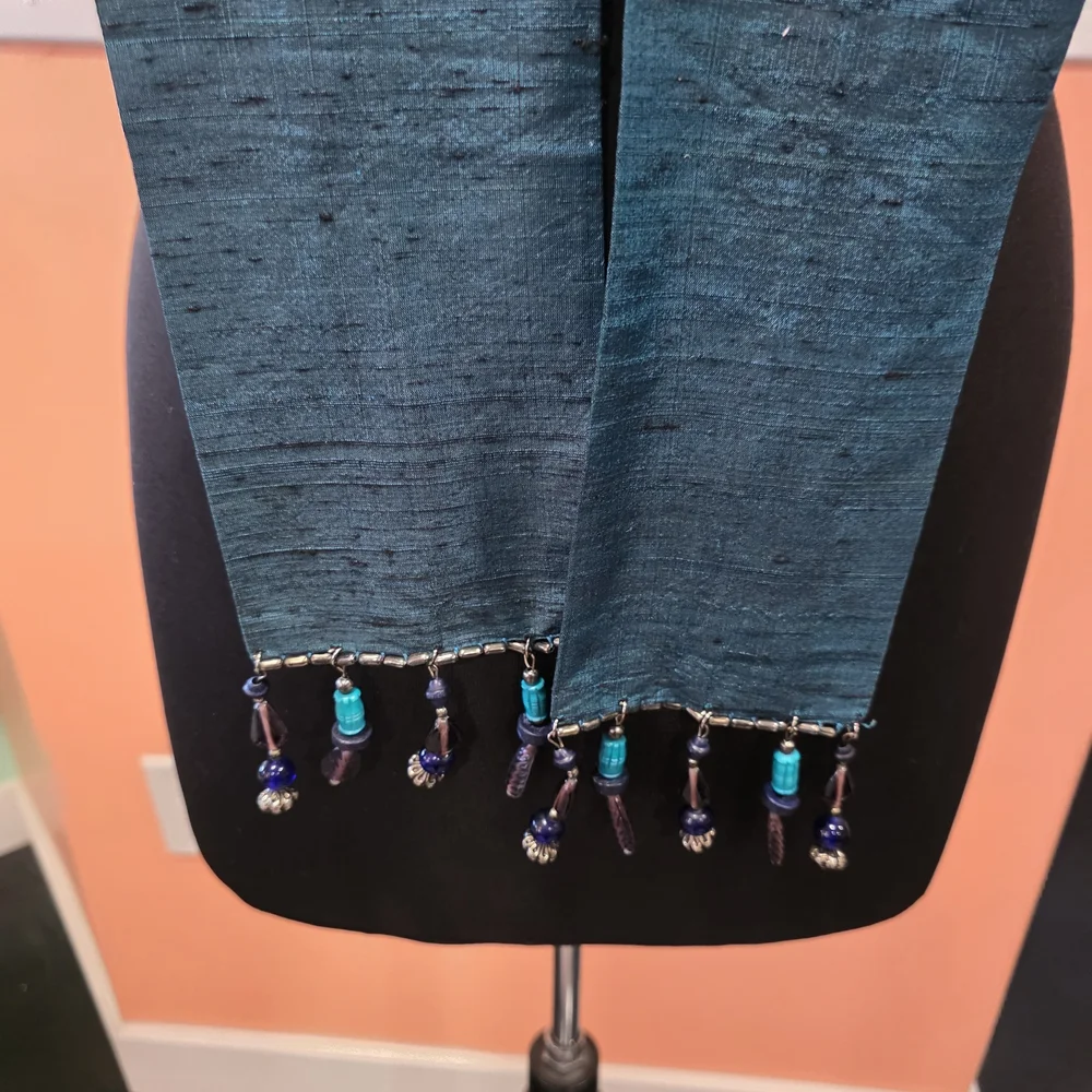 Whimsigoth Vintage Echo Teal Scarf with Beaded Fringe Silk
